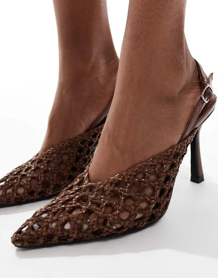 Glamorous slingback heeled shoes in woven brown - Image 3