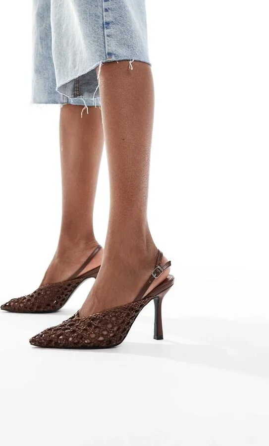 Glamorous slingback heeled shoes in woven brown