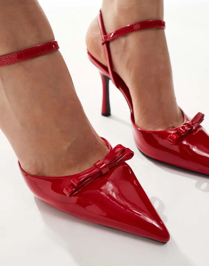 Glamorous slingback heeled shoes with bows in red - Image 2