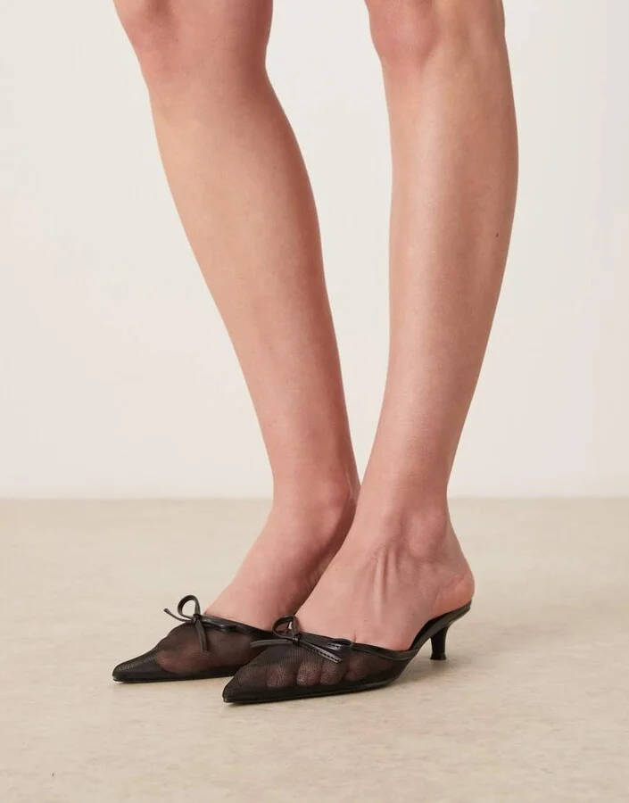 Glamorous slingback kitten heel shoes in black mesh