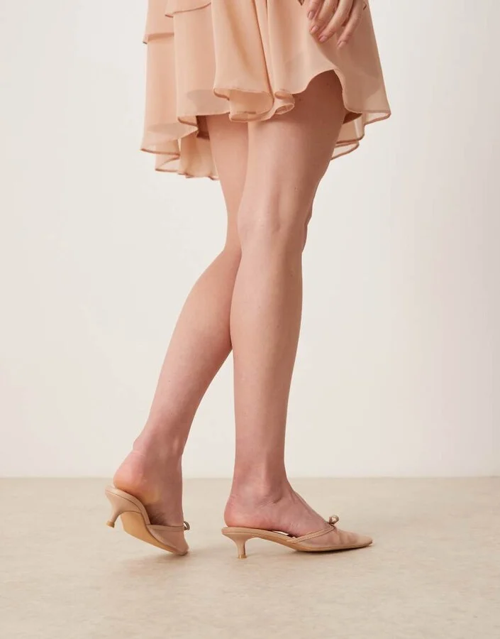 Glamorous slingback kitten heel shoes in cream mesh - Image 4