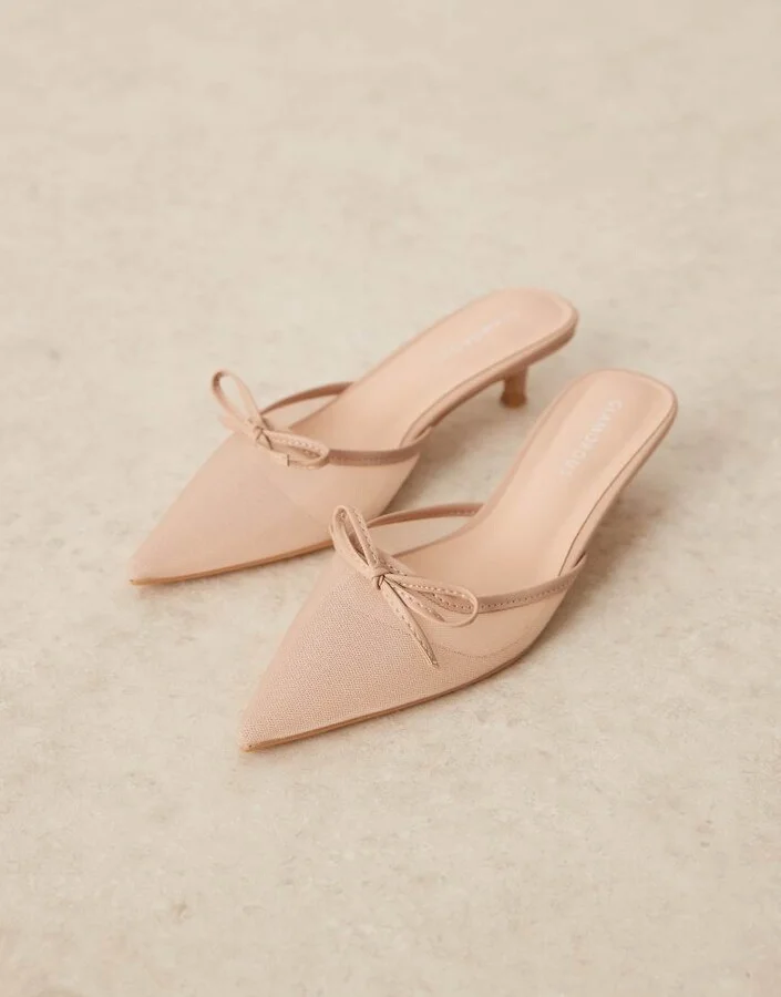 Glamorous slingback kitten heel shoes in cream mesh