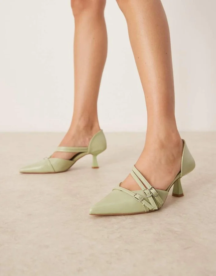 Glamorous slingback kitten heeled shoes in sage - Image 4