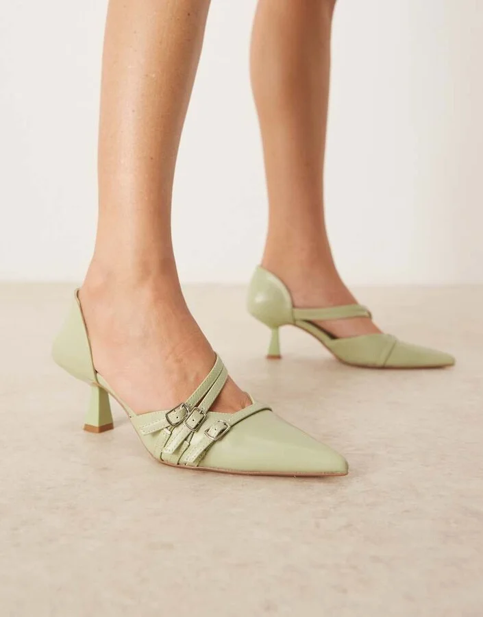 Glamorous slingback kitten heeled shoes in sage