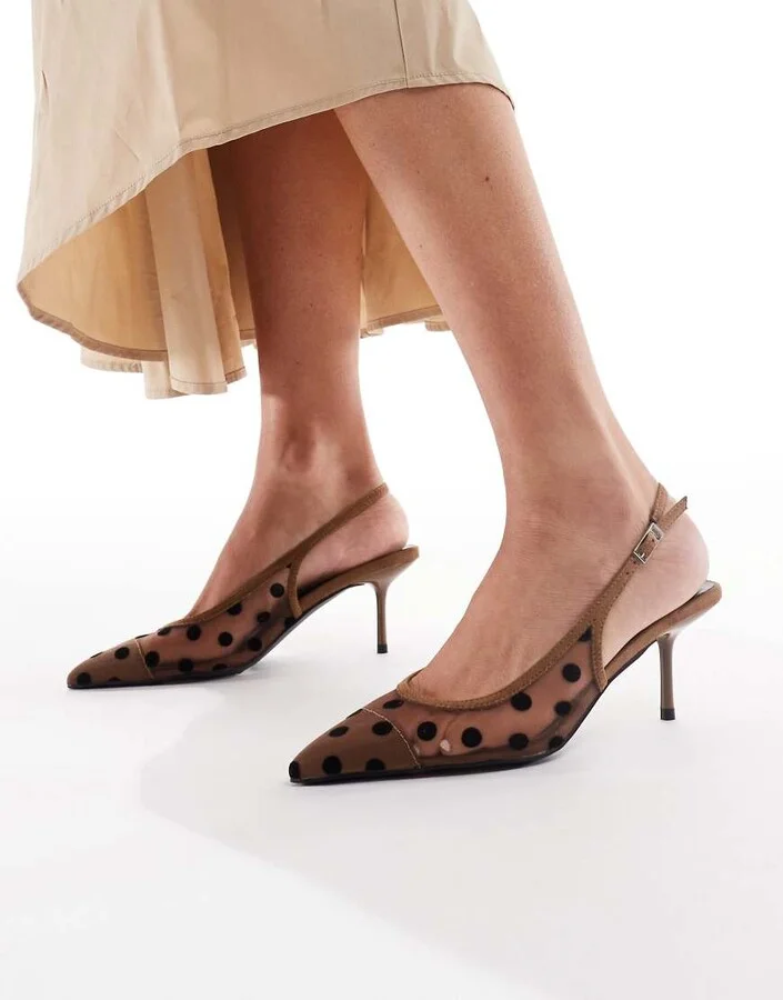 Glamorous slingback pumps in mesh brown polkadot