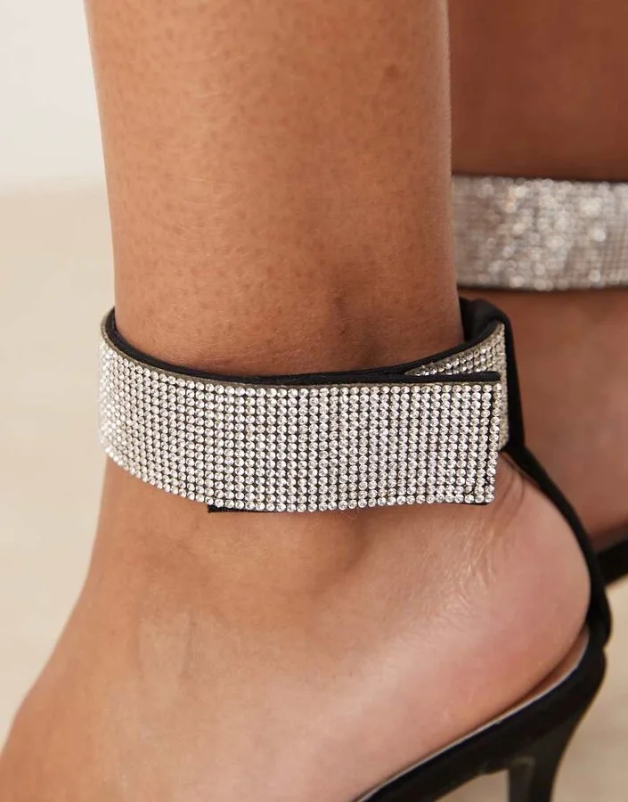 Glamorous stiletto heel sandals with embellished ankle strap in black - Image 2