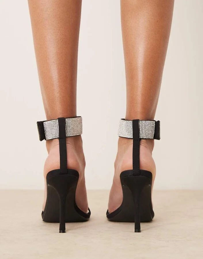 Glamorous stiletto heel sandals with embellished ankle strap in black - Image 3