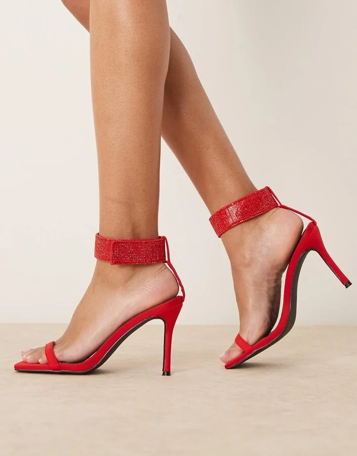 Glamorous stiletto heel sandals with embellished ankle strap in red