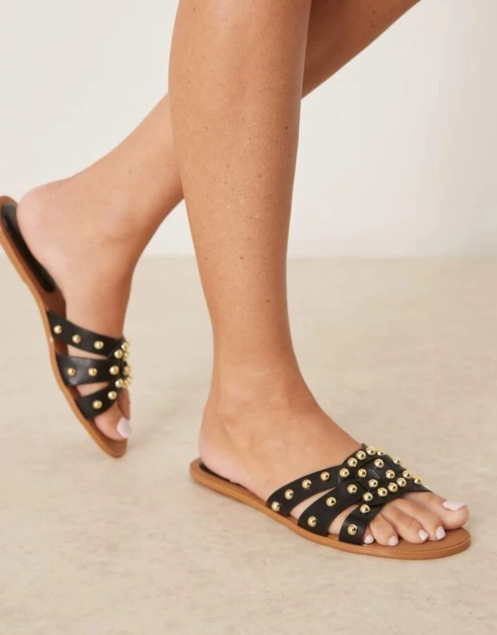 Glamorous studded flat sandals in black