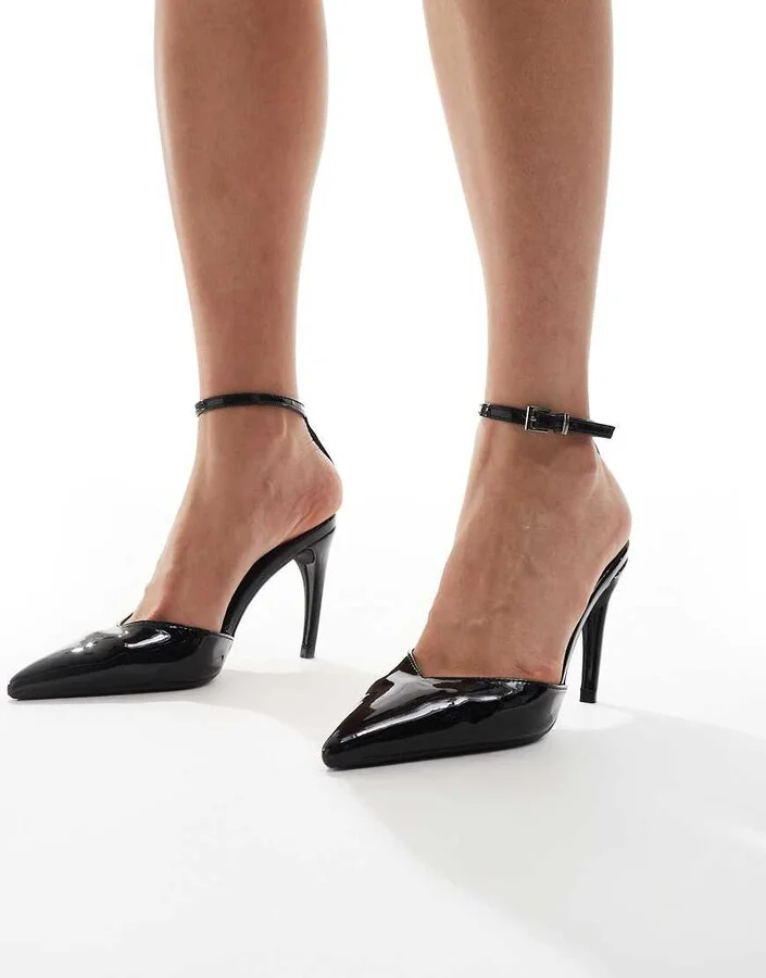 Glamorous tie leg pointed heeled shoes in black - Image 2
