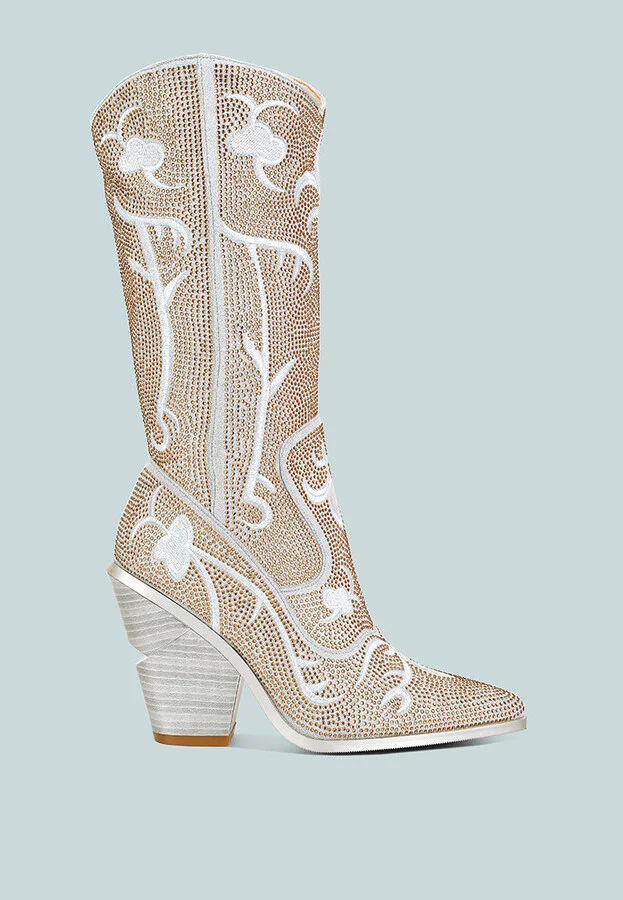 Glimmer Rhinestones Embellished Shimmer Calf Boots