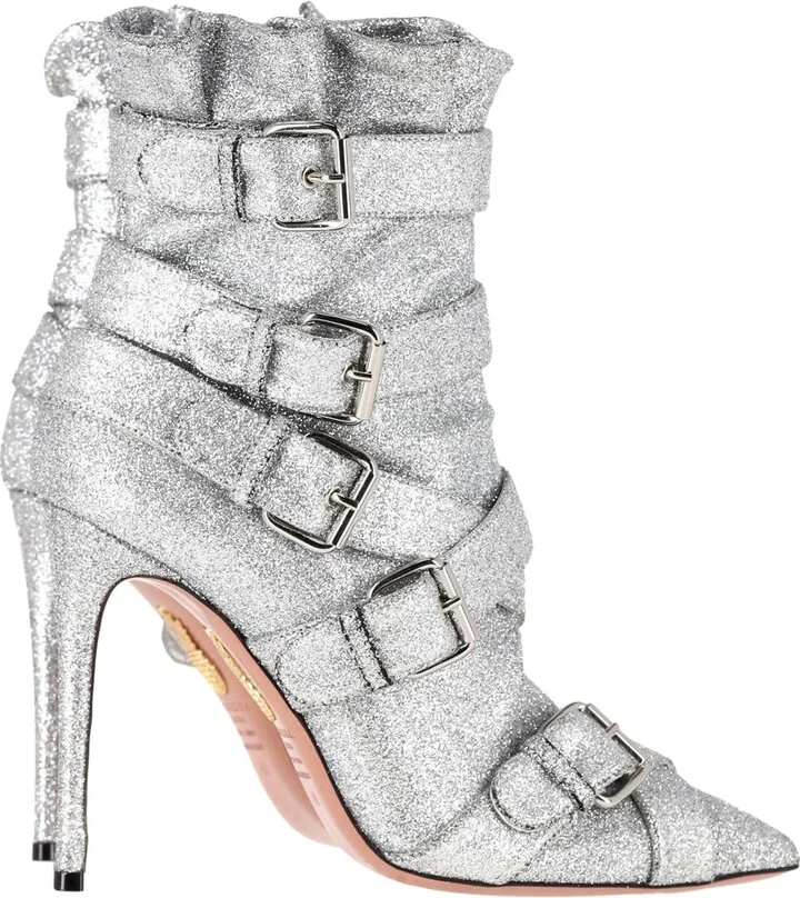 Glitter Buckled Heeled Ankle Boots in Silver Canvas