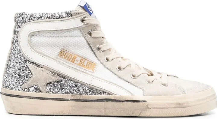 Glitter-Detail Leather High-Top Sneakers