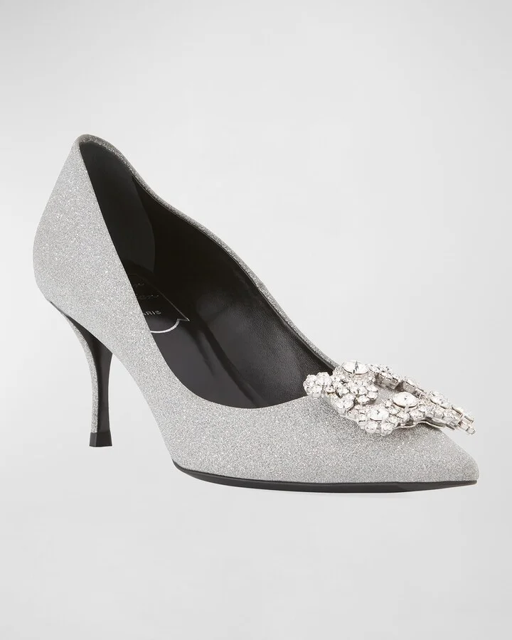 Glitter Fabric Flower-Crystal Buckle Pumps