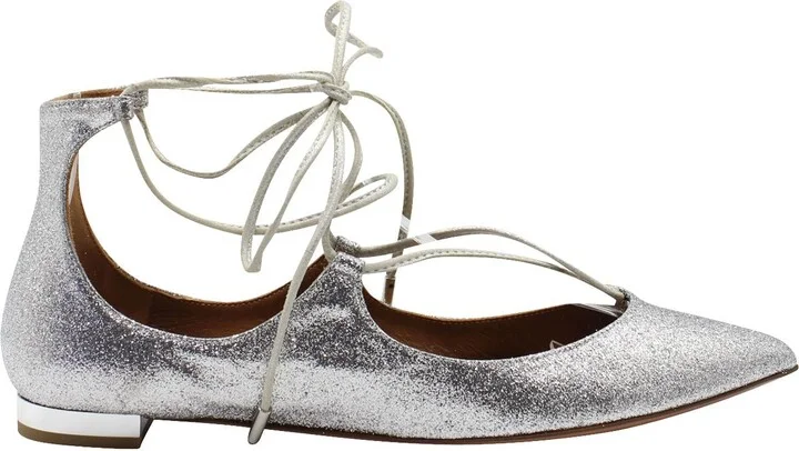 Glittered Christy Lace-up Pointed-Toe Flats in Silver Leather