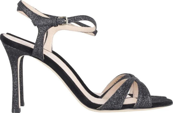 Glittered Woven Sandals in Black Leather