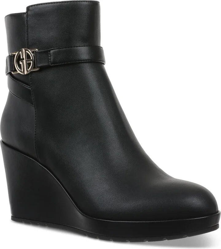 Gloria Womens Belted Faux Leather Wedge Boots