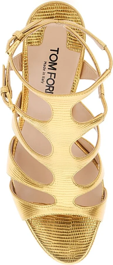 Gold Colored Sandals With Adjustable Straps And Medium Heel In Leather Woman - Image 4