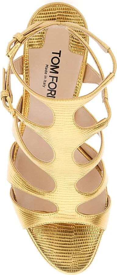 Gold Colored Sandals With Adjustable Straps And Medium Heel In Leather Woman - Image 4