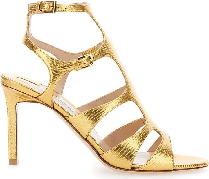 Gold Colored Sandals With Adjustable Straps And Medium Heel In Leather Woman - Image 2