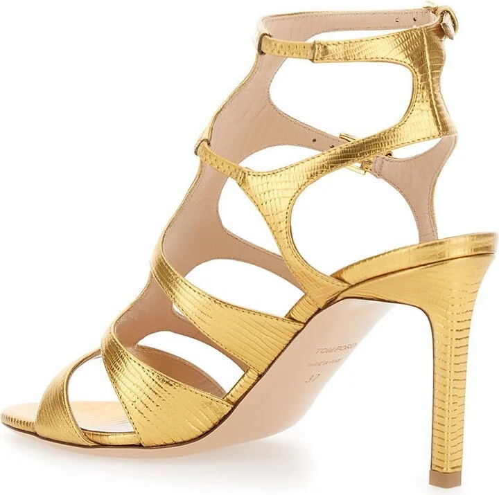 Gold Colored Sandals With Adjustable Straps And Medium Heel In Leather Woman - Image 3