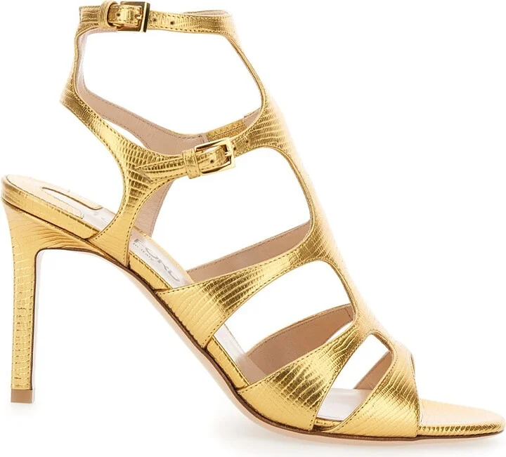 Gold Colored Sandals With Adjustable Straps And Medium Heel In Leather Woman