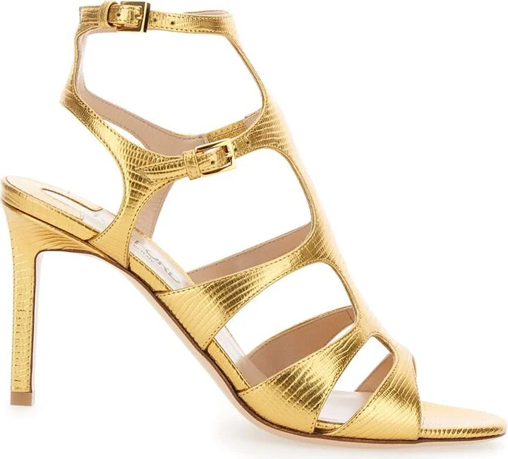Gold Colored Sandals With Adjustable Straps And Medium Heel In Leather Woman