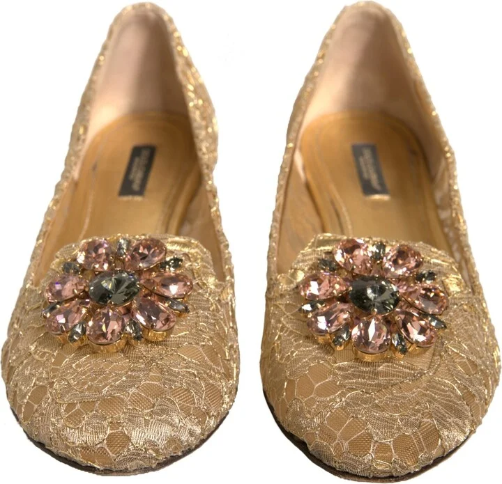 Gold Crystal Loafer Lace Ballet Flats Women's Shoes (Pre-Owned) - Image 2