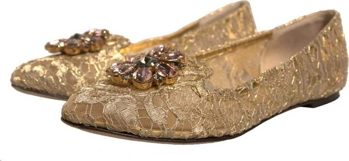 Gold Crystal Loafer Lace Ballet Flats Women's Shoes (Pre-Owned) - Image 3