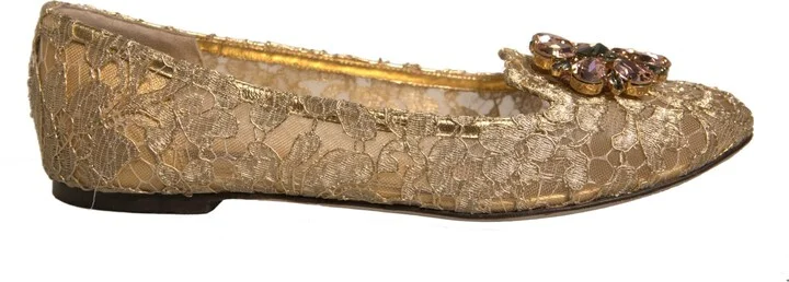 Gold Crystal Loafer Lace Ballet Flats Women's Shoes (Pre-Owned)