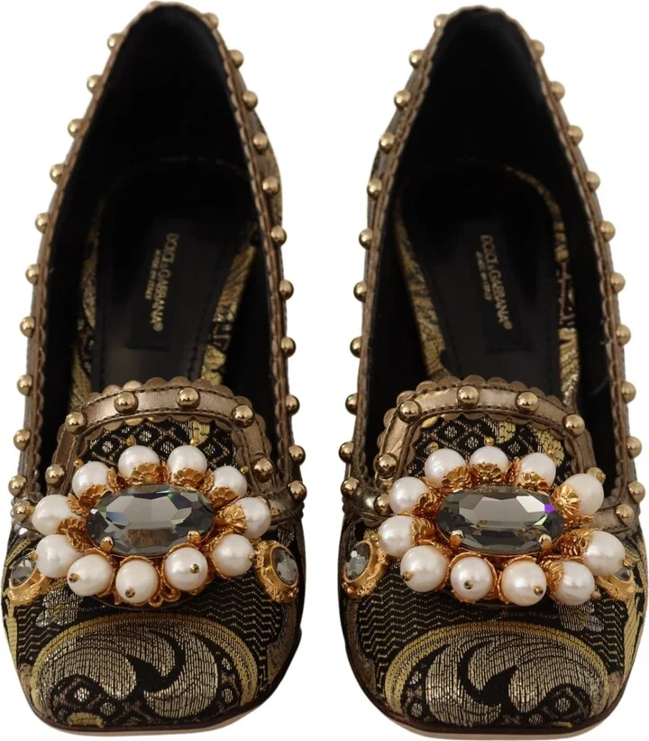 Gold Crystal Square Toe Brocade Pumps Women's Shoes - Image 2
