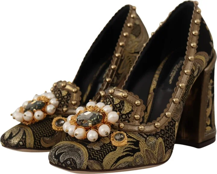 Gold Crystal Square Toe Brocade Pumps Women's Shoes - Image 3