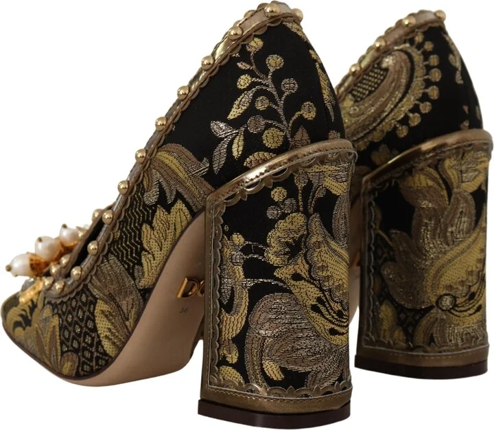 Gold Crystal Square Toe Brocade Pumps Women's Shoes - Image 4
