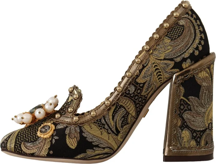Gold Crystal Square Toe Brocade Pumps Women's Shoes - Image 5