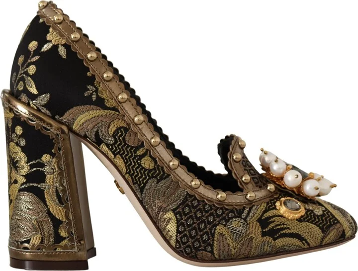 Gold Crystal Square Toe Brocade Pumps Women's Shoes
