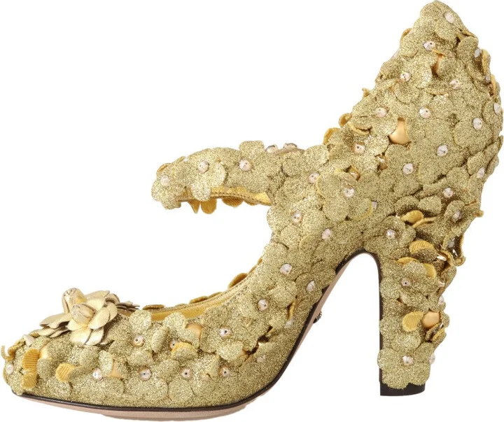 Gold Floral Crystal Mary Janes Women's Pumps - Image 2