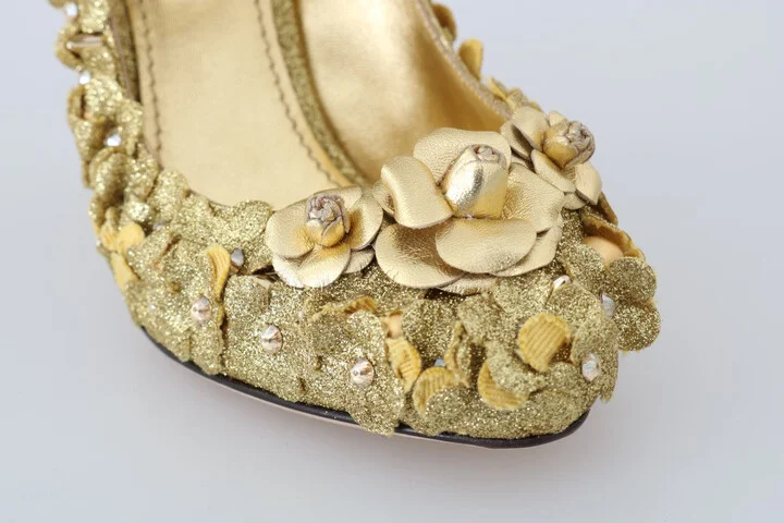 Gold Floral Crystal Mary Janes Women's Pumps - Image 6