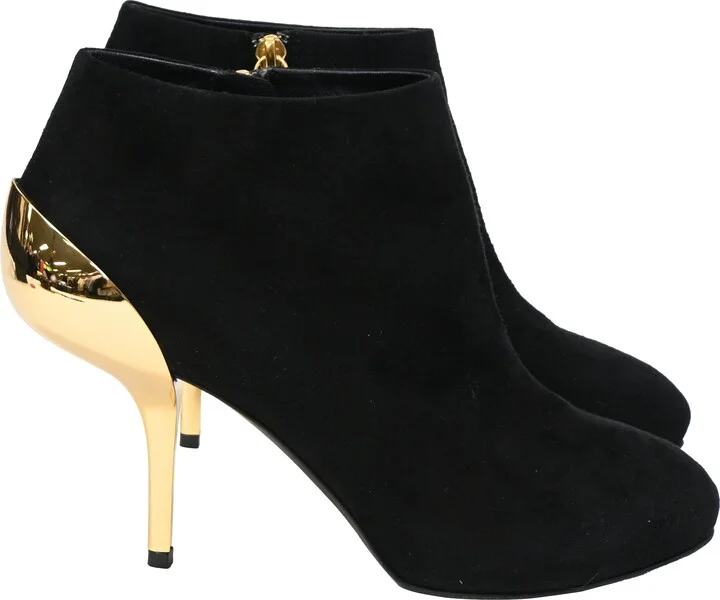 Gold Heel Detail Ankle Boots in Black Suede