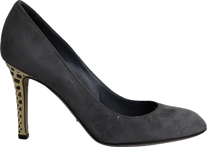 Gold Heel Pumps in Grey Suede