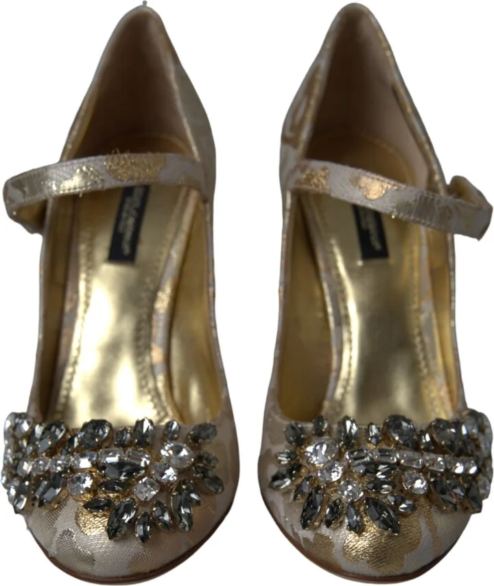 Gold Jacquard Crystal Mary Janes Pumps Women's Shoes - Image 2