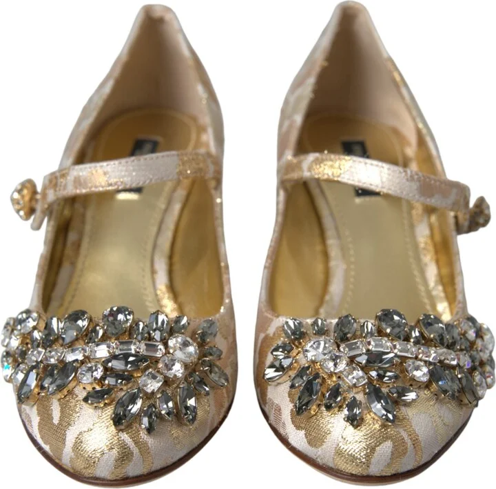 Gold Jacquard Crystal Mary Janes Pumps Women's Shoes - Image 2