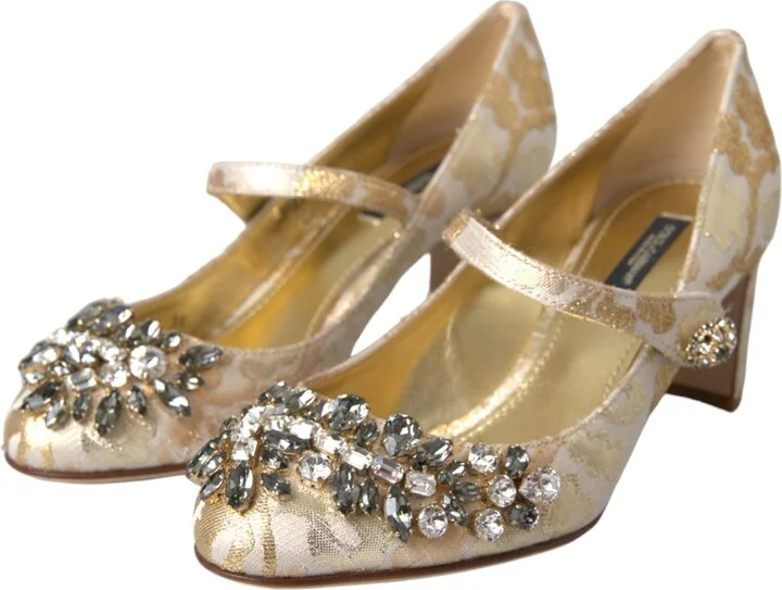 Gold Jacquard Crystal Mary Janes Pumps Women's Shoes - Image 3