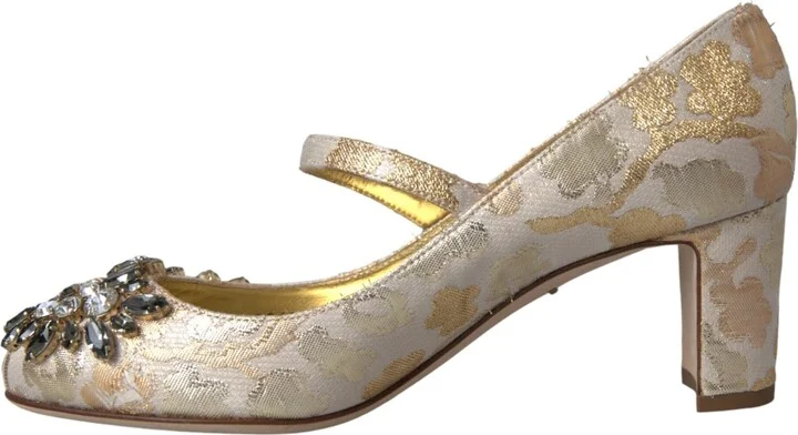Gold Jacquard Crystal Mary Janes Pumps Women's Shoes - Image 5
