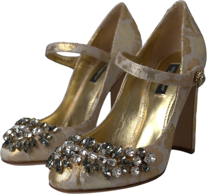 Gold Jacquard Crystal Mary Janes Pumps Women's Shoes