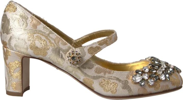 Gold Jacquard Crystal Mary Janes Pumps Women's Shoes