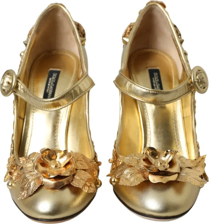 Gold Leather Crystal Mary Janes Pumps Women's Shoes - Image 2