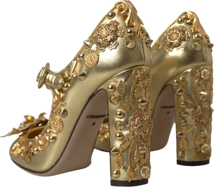 Gold Leather Crystal Mary Janes Pumps Women's Shoes - Image 4