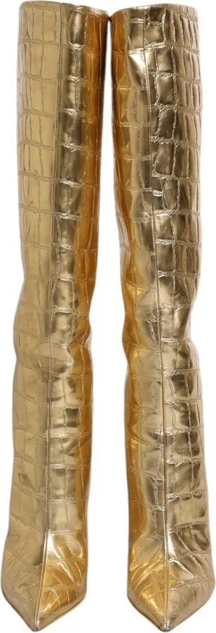 Gold Leather Stiletto Heels High Boots Women's Shoes - Image 2