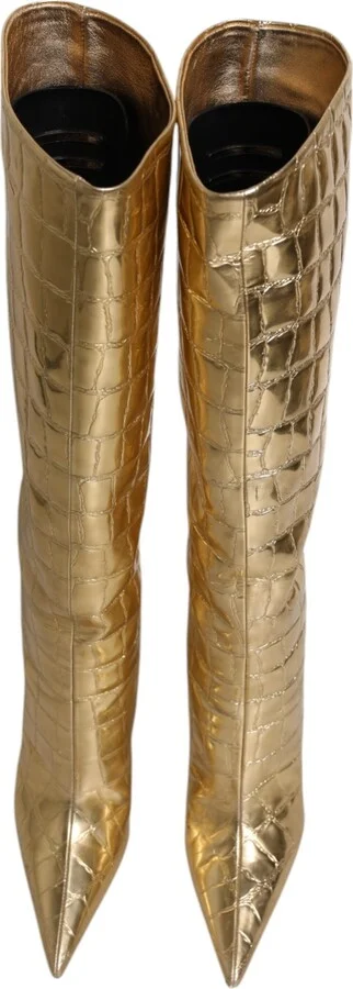 Gold Leather Stiletto Heels High Boots Women's Shoes - Image 3