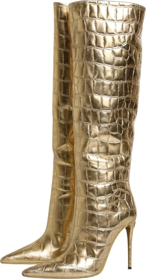 Gold Leather Stiletto Heels High Boots Women's Shoes - Image 4